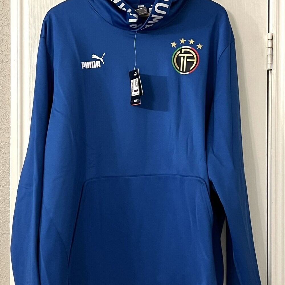 PUMA ITALY FTBLCore Fan Fleece Hoodie Mens Size 2XL XXL Blue Soccer Sweatshirt